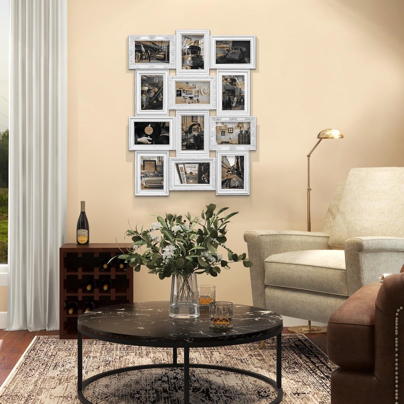 Jerry & Maggie 12 Opening Collage Photo Frame Rustic 23Ã—18 Vintage Embossed Finish PVC Picture Frames Selfie Gallery Collage Wall Hanging For 6Ã—4 Photo, White - Image 3